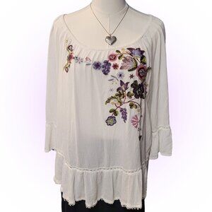 ELEGANT EMBROIDERED FLORAL GAUZY WOMEN'S BLOUSE EUC L